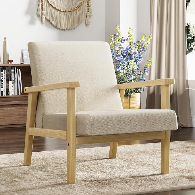 YESHOMY Mid-Century Modern Accent Chair with Solid Wood Frame and Thick Cushion for Living Room, Bedroom, Home Office, Set of 2, Beige - LeafyLoom
