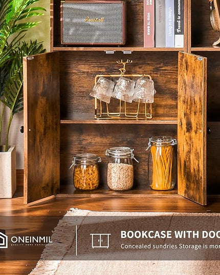oneinmil 6 Tier Bookcase, Wooden Bookshelves with Cabinet Doors, Floor Bookshelf and Office Storage Cabinets for Home Office, Living Room,Brown - LeafyLoom