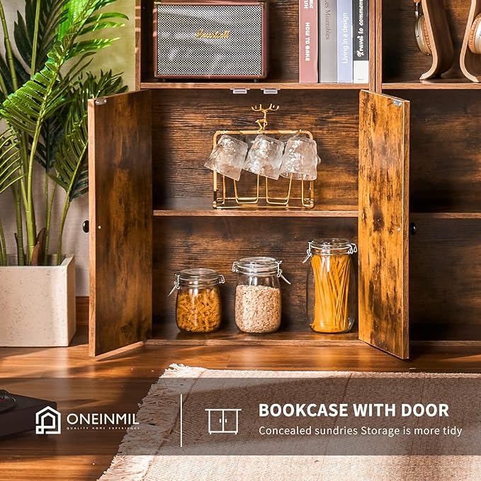 oneinmil 6 Tier Bookcase, Wooden Bookshelves with Cabinet Doors, Floor Bookshelf and Office Storage Cabinets for Home Office, Living Room,Brown - LeafyLoom