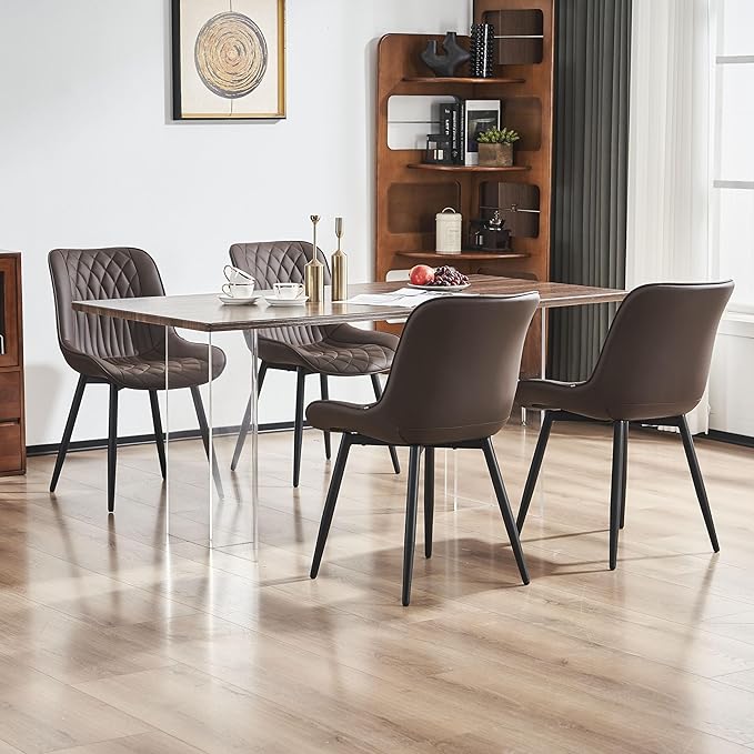 YOUNIKE Brown Dining Chairs set of 2 with High Backs Mid Century Modern Kitchen & Dining Room Chairs PU Faux Leather Upholstered sillas de comedor Comfortable Large Padded Accent Chair with Metal Legs - LeafyLoom