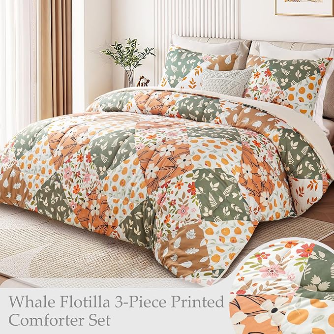 Whale Flotilla King Comforter Set, Soft Reversible Orange and Beige Bedding Comforter Set with Boho Pattern, 1 Micoriber Patchwork Comforter and 2 Pillow Shams, 3 Pieces - LeafyLoom