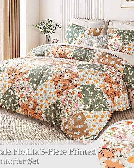 Whale Flotilla Queen Full Comforter Set, Soft Reversible Orange and Beige Bedding Comforter Set with Boho Pattern, 1 Micoriber Patchwork Comforter and 2 Pillow Shams, 3 Pieces - LeafyLoom