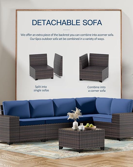 Kullavik 6PCS Outdoor Patio Furniture Set PE Wicker Rattan Sectional Sofa Patio Conversation Sets,Navy blue - LeafyLoom