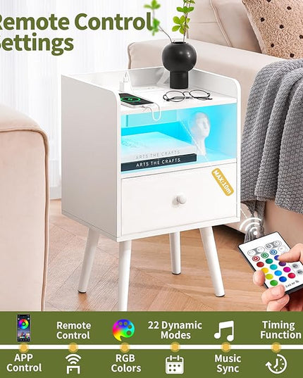 Yoobure Nightstand with Charging Station, Modern Night Stand with LED Lights, Wood Nightstands with Fabric Drawer & Storage Shelf, Night Stands Bedside Table with USB Ports for Bedroom, Office, Home - LeafyLoom