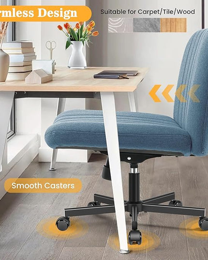 Armless Office Chair with Wheels, Ergonomic Wide Seat Fabric Cross Legged Desk Chair, Swivel Computer Chair for Home Office, Modern Vanity Chair Navy Blue - LeafyLoom