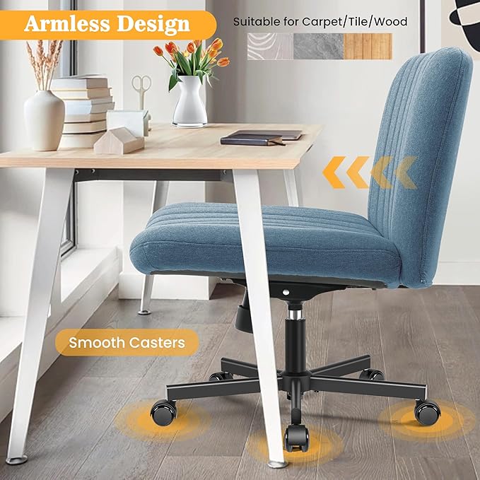 Armless Office Chair with Wheels, Ergonomic Wide Seat Fabric Cross Legged Desk Chair, Swivel Computer Chair for Home Office, Modern Vanity Chair Navy Blue - LeafyLoom