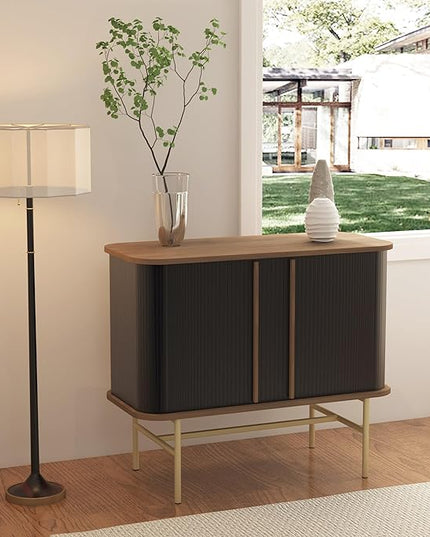 roomfitters Sideboard Buffet Cabinet with Sliding Doors, Mid Century Modern Credenza with 2 Tambour Doors, Minimalist Accent Storage Cabinet for Living Room, Media Console with Storage, Walnut Black - LeafyLoom