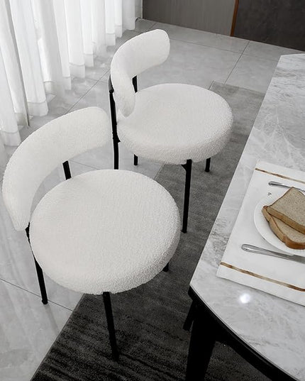 White Boucle Dining Chairs Set of 2,Upholstered Kitchen Dining Room Chairs, Mid-Century Modern Curved Backrest Chairs for Dining Room with Black Metal Legs - LeafyLoom