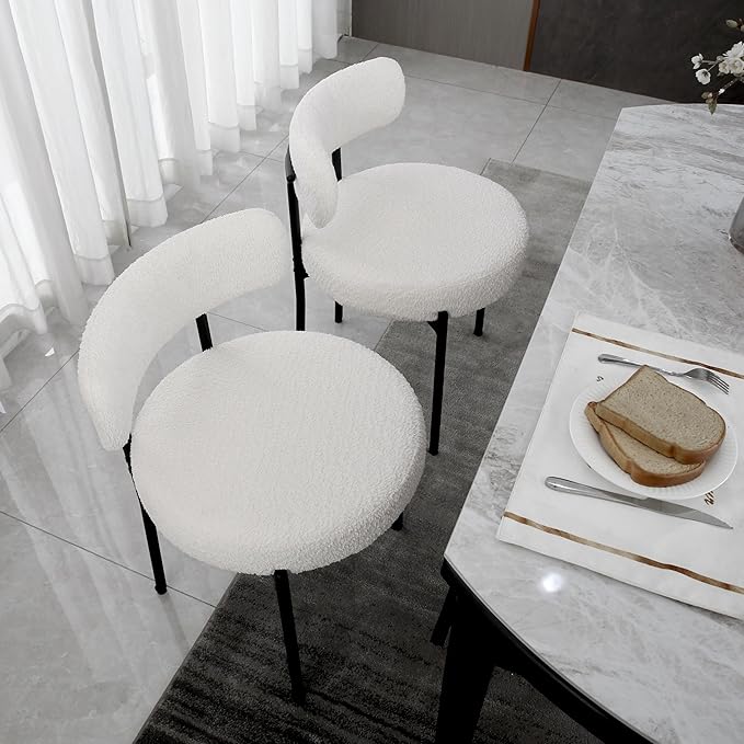 White Boucle Dining Chairs Set of 2,Upholstered Kitchen Dining Room Chairs, Mid-Century Modern Curved Backrest Chairs for Dining Room with Black Metal Legs - LeafyLoom