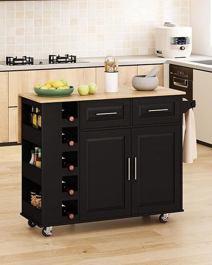 Multi-Functional Kitchen Island Mobile Cart with 2 Door Cabinet,Two Drawers,Spice-Rack,Towel Holder,Wine-Rack,Foldable Rubberwood Table Top,for Dining Room Bar,Black - LeafyLoom