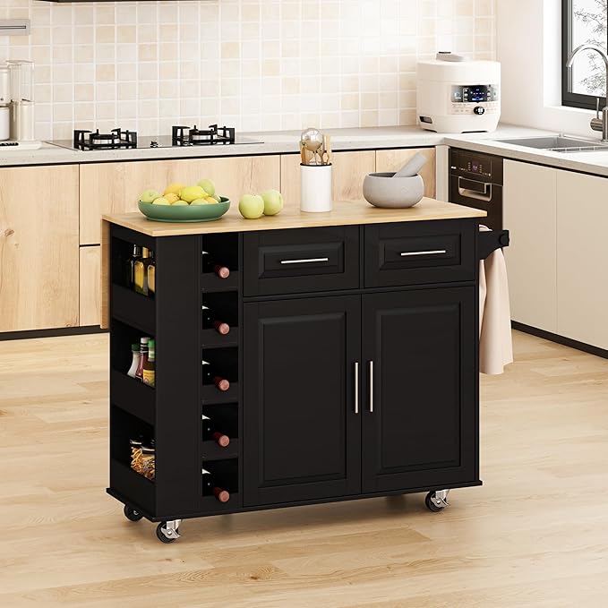 Multi-Functional Kitchen Island Mobile Cart with 2 Door Cabinet,Two Drawers,Spice-Rack,Towel Holder,Wine-Rack,Foldable Rubberwood Table Top,for Dining Room Bar,Black - LeafyLoom