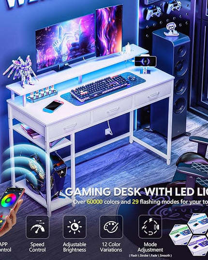 Computer Desk with Drawers and Storage Shelves, Home Office Desk with LED Lights & Power Outlets, Gaming Desk with Monitor Stand, Writing Study Desk, Kids Small Desk for Bedroom, White - LeafyLoom