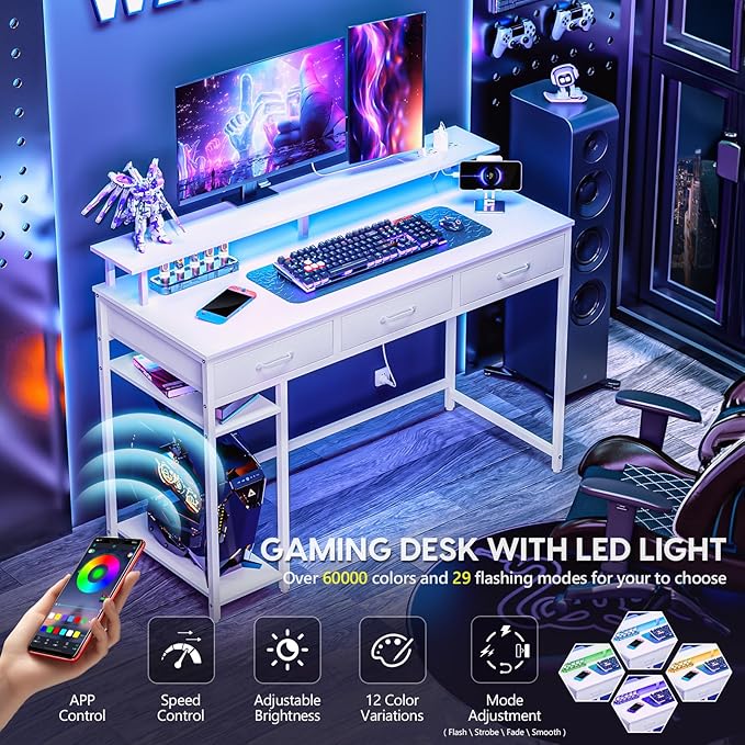 Computer Desk with Drawers and Storage Shelves, Home Office Desk with LED Lights & Power Outlets, Gaming Desk with Monitor Stand, Writing Study Desk, Kids Small Desk for Bedroom, White - LeafyLoom