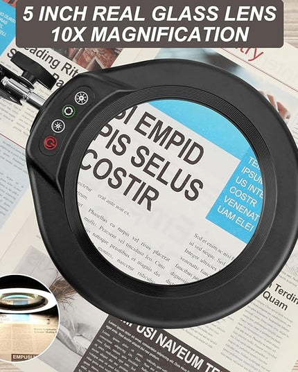 VEEMAGNI 5 Inch Large Magnifying Glass with Light and Stand, 5 Color Modes Stepless Dimmable, Long Swivel Arm LED Clamp Desk Lamp, Hands Free 10X Lighted Magnifier for Close Work Craft Hobby Soldering - LeafyLoom