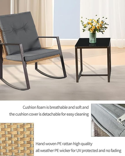 3 Pieces Rocking Chairs Set Balcony Furniture Conversation Sets with Outdoor Table and Chairs,Washable Cushion for Porch,balcony,Garden,Backyard,Poolside Grey - LeafyLoom