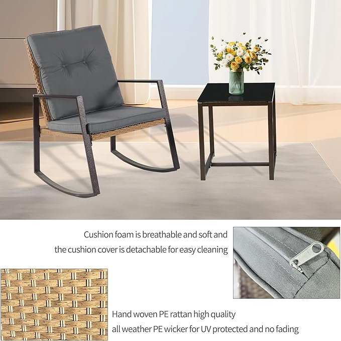 3 Pieces Rocking Chairs Set Balcony Furniture Conversation Sets with Outdoor Table and Chairs,Washable Cushion for Porch,balcony,Garden,Backyard,Poolside Grey - LeafyLoom