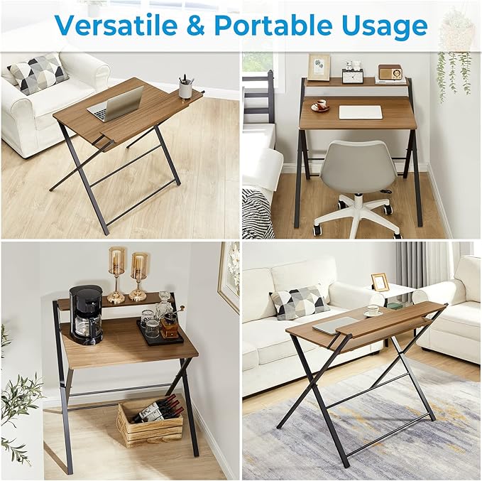 GreenForest Folding Desk No Assembly Required Large Size, 2-Tier Foldable Computer Desk with Shelf for Home Office, Space Saving Portable Laptop Study Foldable Table for Bedroom, Espresso - LeafyLoom