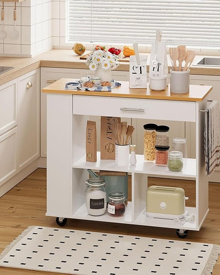 Shintenchi Kitchen Island on Wheels with Large Work Countertop, Storage Island & Cart with 3-Tier Spice Rack, 3 Open Shelves and 1 Drawer, White - LeafyLoom