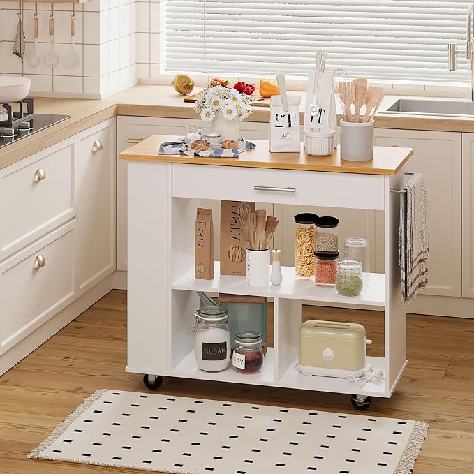 Shintenchi Kitchen Island on Wheels with Large Work Countertop, Storage Island & Cart with 3-Tier Spice Rack, 3 Open Shelves and 1 Drawer, White - LeafyLoom