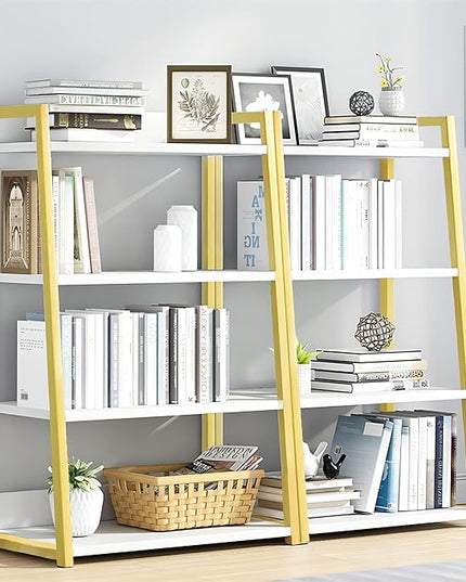 IOTXY 4 Tier Open Bookshelf - Steel and Wood Display Stand, 50CM Width Floor-Standing Bookcase, Gold - LeafyLoom