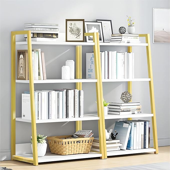 IOTXY 4 Tier Open Bookshelf - Steel and Wood Display Stand, 50CM Width Floor-Standing Bookcase, Gold - LeafyLoom