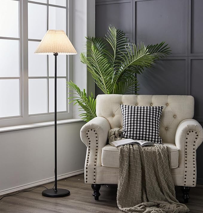 Black Pole Floor Lamp Simple Design Tall Lamp with Shade Standing Lamp with LED Bulb for Living Room and Bedroom - LeafyLoom