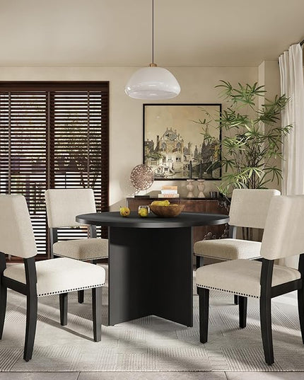 Modern Round Pedestal Kitchen 4 Upholstered Chairs, Rubber Wood, Easy Assembly, for Studio, Apartment, Small Places, Room, 5 Piece Dining Table Set, Black 3 - LeafyLoom