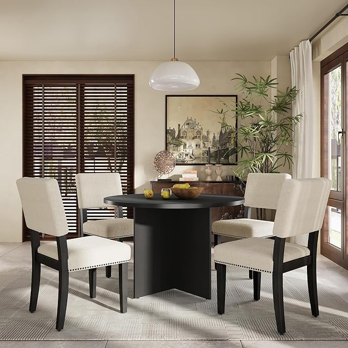 Modern Round Pedestal Kitchen 4 Upholstered Chairs, Rubber Wood, Easy Assembly, for Studio, Apartment, Small Places, Room, 5 Piece Dining Table Set, Black 3 - LeafyLoom