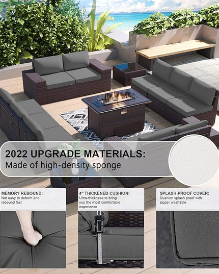 Kullavik 13 Pieces Outdoor Patio Furniture Set with 43" 55000BTU Gas Propane Fire Pit Table PE Wicker Rattan Sectional Sofa Patio Conversation Sets,Grey - LeafyLoom