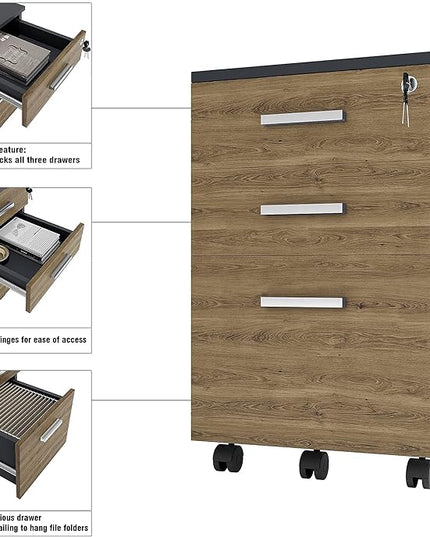 Lazio File Cabinet with Lock - Filing Cabinet for Home and Office - 3 Drawer Small Rolling File Cabinet -Wood Printer Stand with Storage for A4 Size/Legal Documents, File Folders (Cass Walnut/Black) - LeafyLoom