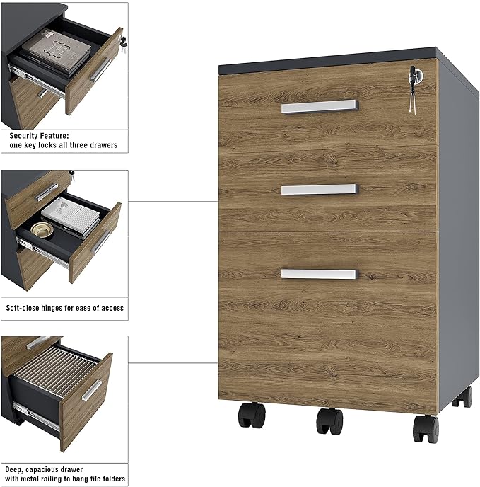 Lazio File Cabinet with Lock - Filing Cabinet for Home and Office - 3 Drawer Small Rolling File Cabinet -Wood Printer Stand with Storage for A4 Size/Legal Documents, File Folders (Cass Walnut/Black) - LeafyLoom