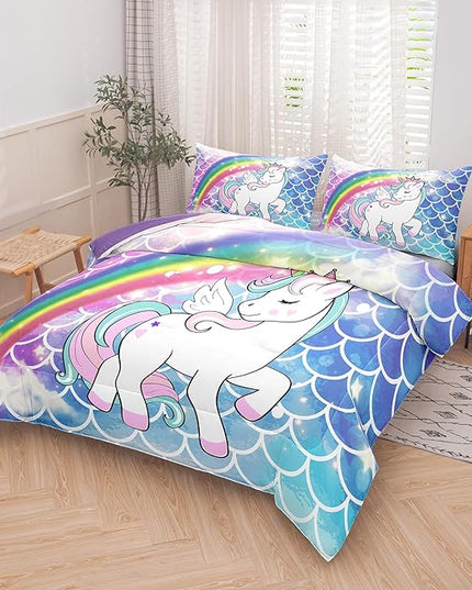 Tailor Shop Unicorn Comforter Sets Twin Size,Blue Unicorn Bedding Sets for Girls Kids Teens with 1 Pillowcase…… - LeafyLoom