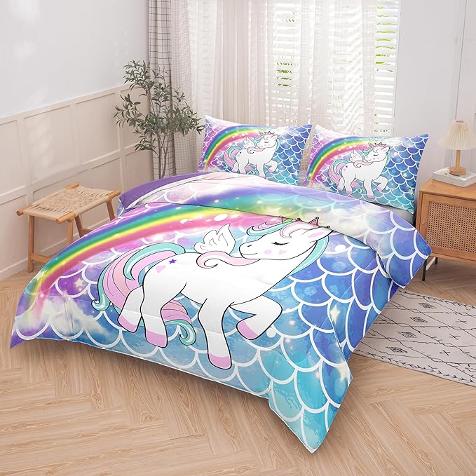 Tailor Shop Unicorn Comforter Sets Twin Size,Blue Unicorn Bedding Sets for Girls Kids Teens with 1 Pillowcase…… - LeafyLoom