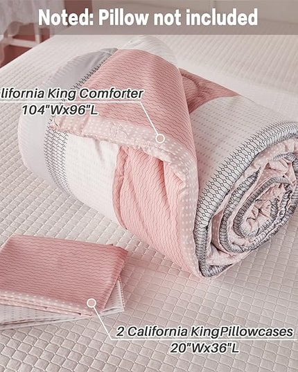 Litanika Pink California King Comforter Set - 3 Pieces Blush Cal King Oversized Lightweight Summer Colorblock Stripe Bedding Set (104x96In, 2 Pillowcases) - LeafyLoom
