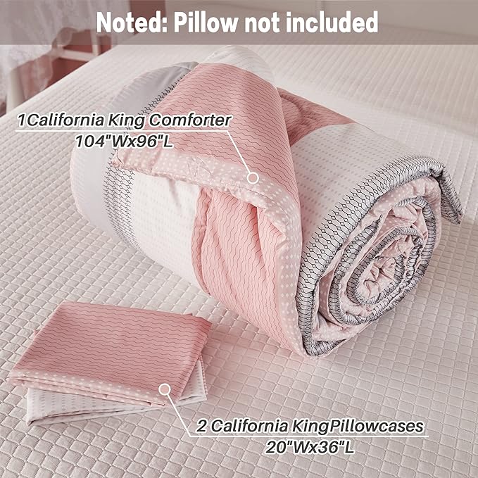 Litanika Pink California King Comforter Set - 3 Pieces Blush Cal King Oversized Lightweight Summer Colorblock Stripe Bedding Set (104x96In, 2 Pillowcases) - LeafyLoom