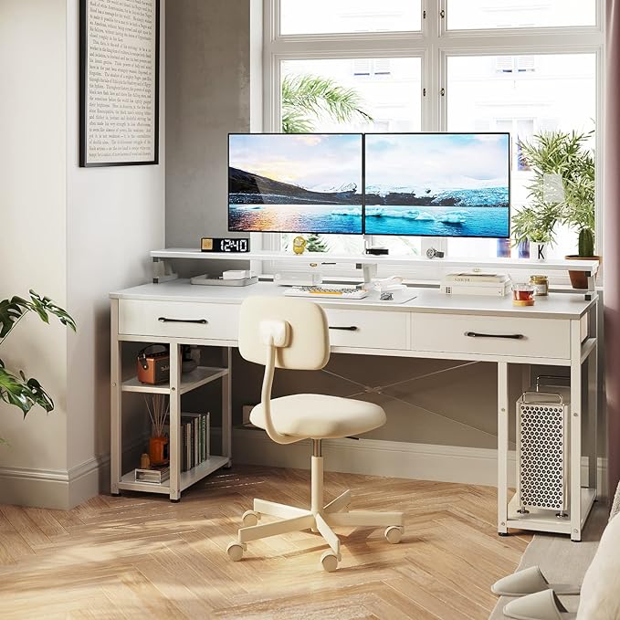 ODK Computer Desk with Drawers and Storage Shelves, 63 inch Home Office Desk with Monitor Stand, Modern Work Study Writing Table Desk for Small Spaces, White + White leg - LeafyLoom