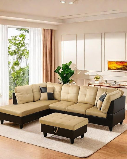 L Shaped Sofa with Ottoman Modern Sectional Living Room, Bedroom, Office, L Couch Ginger Leather - LeafyLoom