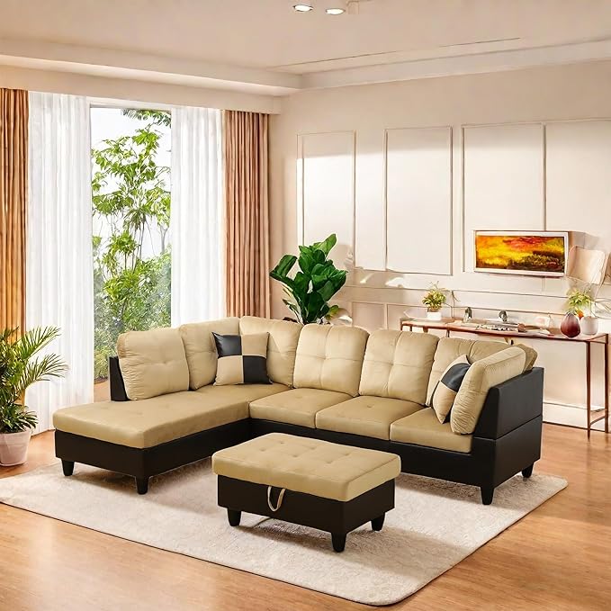 L Shaped Sofa with Ottoman Modern Sectional Living Room, Bedroom, Office, L Couch Ginger Leather - LeafyLoom