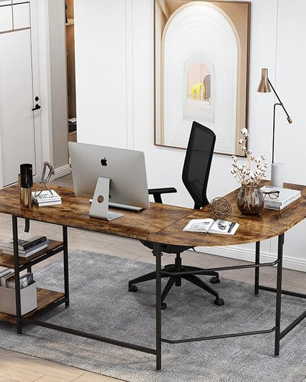 Anivia 68.9" Reversible L Shaped Desk with Storage Shelves - Corner Computer Desks Gaming Table Workstation for Home Office, Writing, Study, Caramel Brown - LeafyLoom