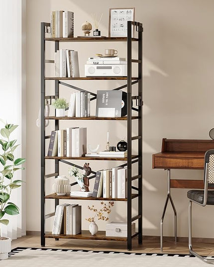 6 Tier Bookshelf, Industrial Bookcase with 8 Hooks, Vintage Storage Rack with Open Shelves, Rustic Standing Bookshelves Metal Frame Display Rack for Living Room, Bedroom, Rustic Brown - LeafyLoom
