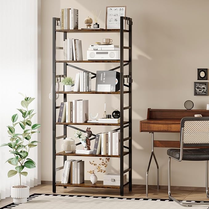 6 Tier Bookshelf, Industrial Bookcase with 8 Hooks, Vintage Storage Rack with Open Shelves, Rustic Standing Bookshelves Metal Frame Display Rack for Living Room, Bedroom, Rustic Brown - LeafyLoom