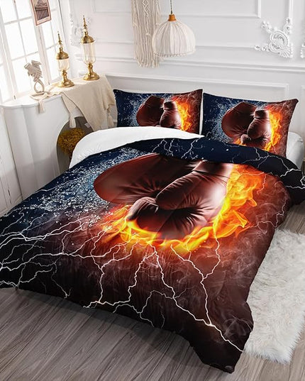 Axolotl Boxing Bedding Set Twin,Sports Theme Comforter Set Boxing Gloves Pattern Bedding Set,Red Blue Cool Lightning Comforter Pugilism Games Bedding Set for Kids Boys Teens Men,1 Quilt 2 Pillowcases - LeafyLoom