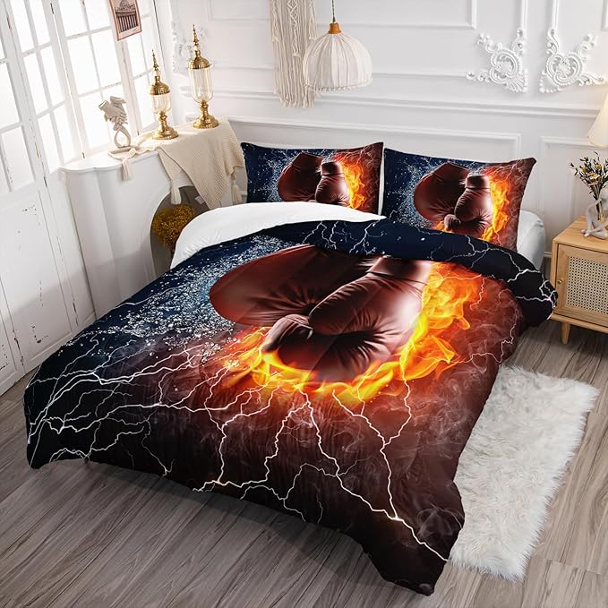 Axolotl Boxing Bedding Set Full,Sports Theme Comforter Set Boxing Gloves Pattern Bedding Set,Red Blue Cool Lightning Comforter Pugilism Games Bedding Set for Kids Boys Teens Men,1 Quilt 2 Pillowcases - LeafyLoom