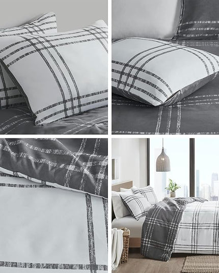 Intelligent Design Pike Reversible Comforter Set, Cottage Plaid Print, Modern Cabin Lifestyle, Down Alternative, All Season Bedding with Matching Sham, King/Cal King White/Grey 3 Piece - LeafyLoom
