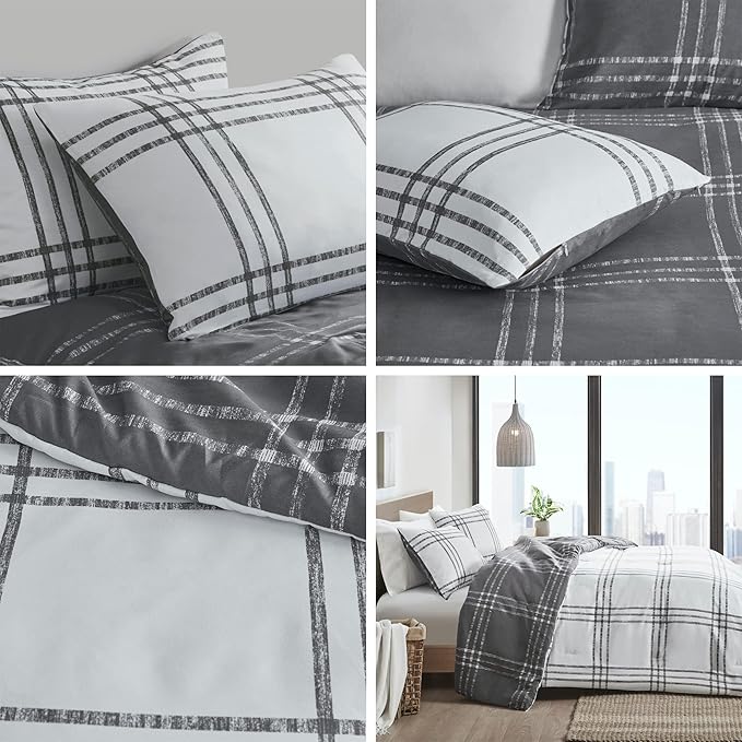 Intelligent Design Pike Reversible Comforter Set, Cottage Plaid Print, Modern Cabin Lifestyle, Down Alternative, All Season Bedding with Matching Sham, King/Cal King White/Grey 3 Piece - LeafyLoom