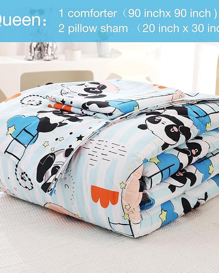 JSD Cute Panda Kids Comforter Set, 3 Pieces Queen Microfiber Comforter with Pillow Sham, Soft Comfortable Machine Washable - LeafyLoom