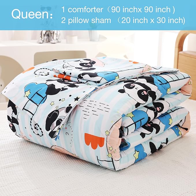 JSD Cute Panda Kids Comforter Set, 3 Pieces Queen Microfiber Comforter with Pillow Sham, Soft Comfortable Machine Washable - LeafyLoom