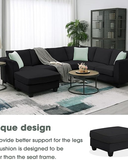 UBGO Funiture Living Room, Modern, L U-Shape, 7 Seats Modular Sectional Sofa with Ottoman,11287" Corner Couch Set with 3 Pillows,Black - LeafyLoom
