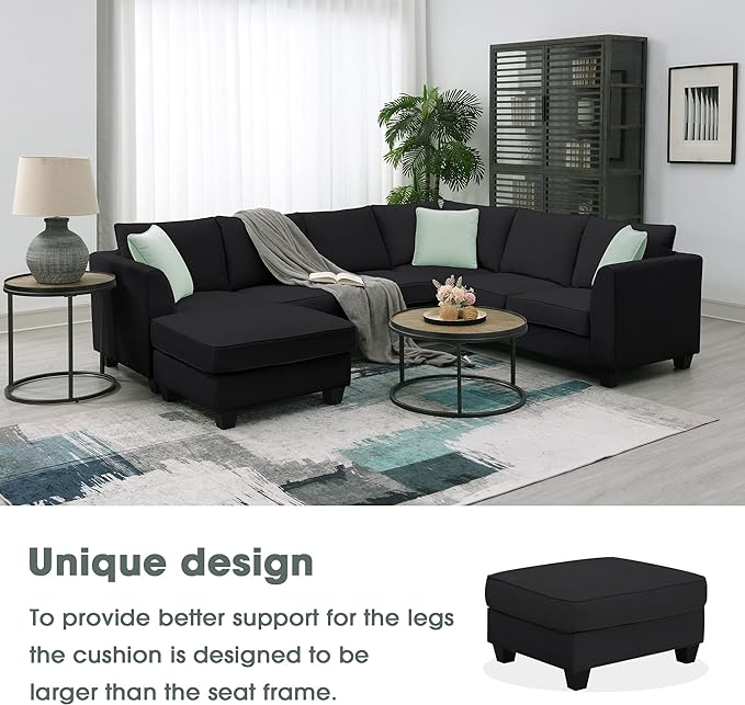 UBGO Funiture Living Room, Modern, L U-Shape, 7 Seats Modular Sectional Sofa with Ottoman,11287" Corner Couch Set with 3 Pillows,Black - LeafyLoom
