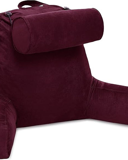 Husband Pillow XXL Aspen Edition, Adult Reading Sit Up Bed Rest Pillow for Bed with Arms & Neck Roll on Bungee Cord - Premium Memory Foam - Reversible 2 Sided Cover Micro Suede or Plush, Mauve Purple - LeafyLoom